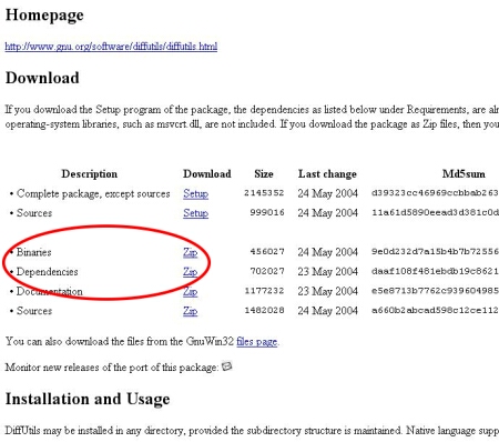 「DiffUtils for Windows」から必要な」ファイルをダウンロードする